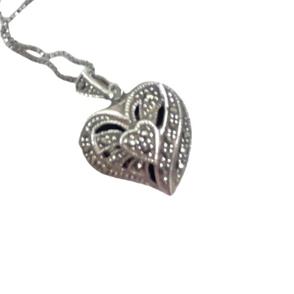 Vintage Silver Heart Marcasite Locket Necklace With Intricate Design - Picture 2 of 9